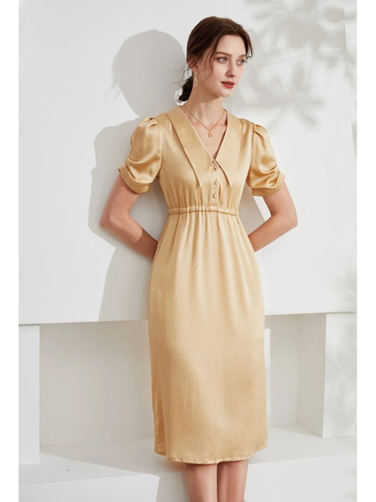 

Шелковый сарафан из тяжелого сатина с V-образным вырезом, длинный, для повседневной носки, с высокой талией, в стиле «пузырь», для молодых женщин...