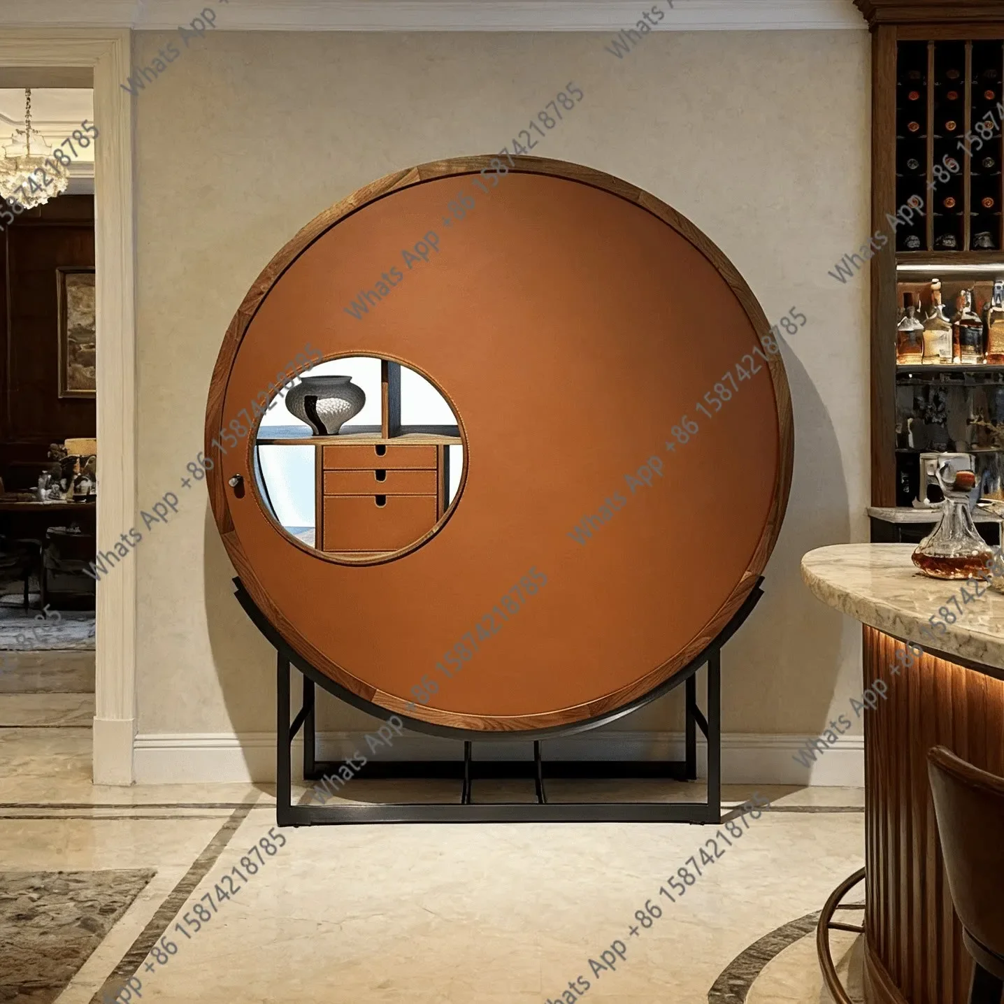 X36 Modern Simple Round Wine Cabinet Living Room Dining Room Storage Display Cabinet Wrought Iron Floor Storage Cabinet