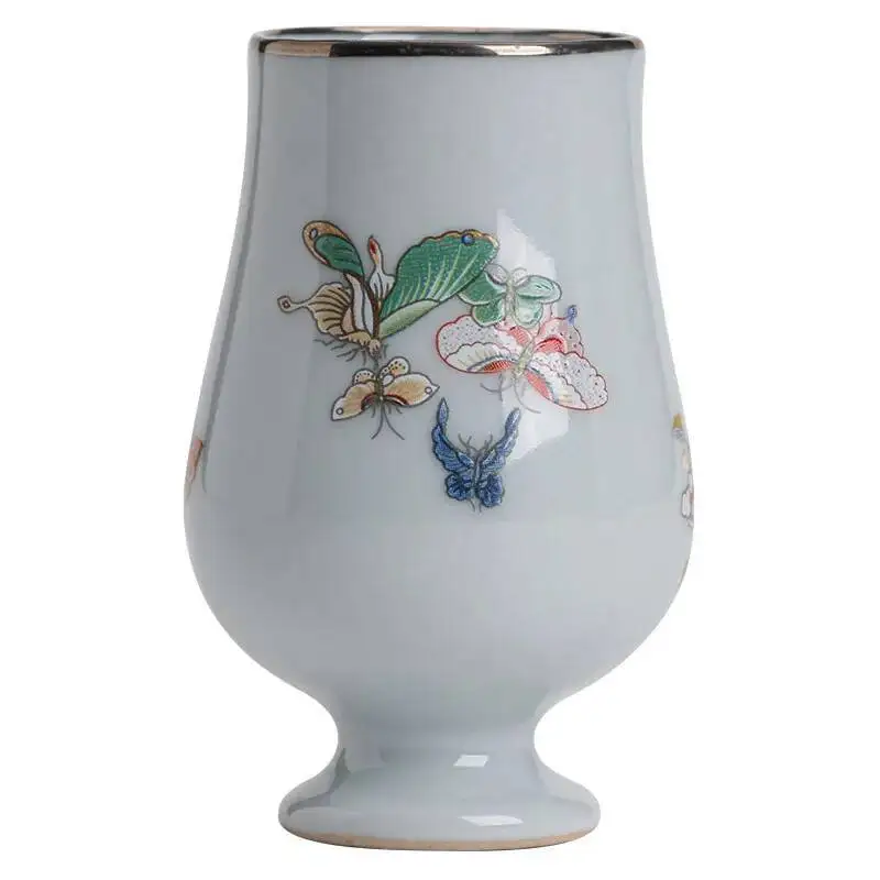 كوب شاي رشيق بأقدام عالية، كوب منزلي مصنوع يدويًا من السيراميك مع تتبع الذهب الأبيض، كوب شخصي صغير، كوب عطري، كونغ