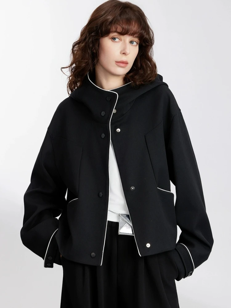 CHEERART Giacca invernale in lana con cappuccio firmata Donna Cappotto con zip in colore a contrasto Nero Nuovo in capispalla Moda autunnale 2025