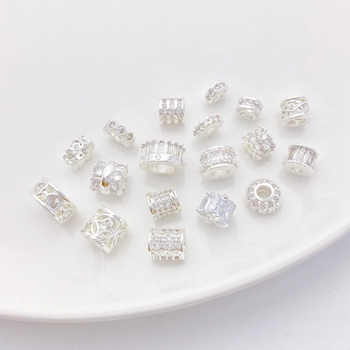 Thick Silver Plated Strong Color Retention Zircon Inlaid Coin Gear Heart Barrel Loose Spacer Beads DIY Bracelet Necklace Finding
