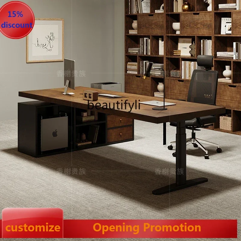 ss7486 Intelligent electric lift boss table standing office computer desk solid wood bench with side cabinet New Light Luxury
