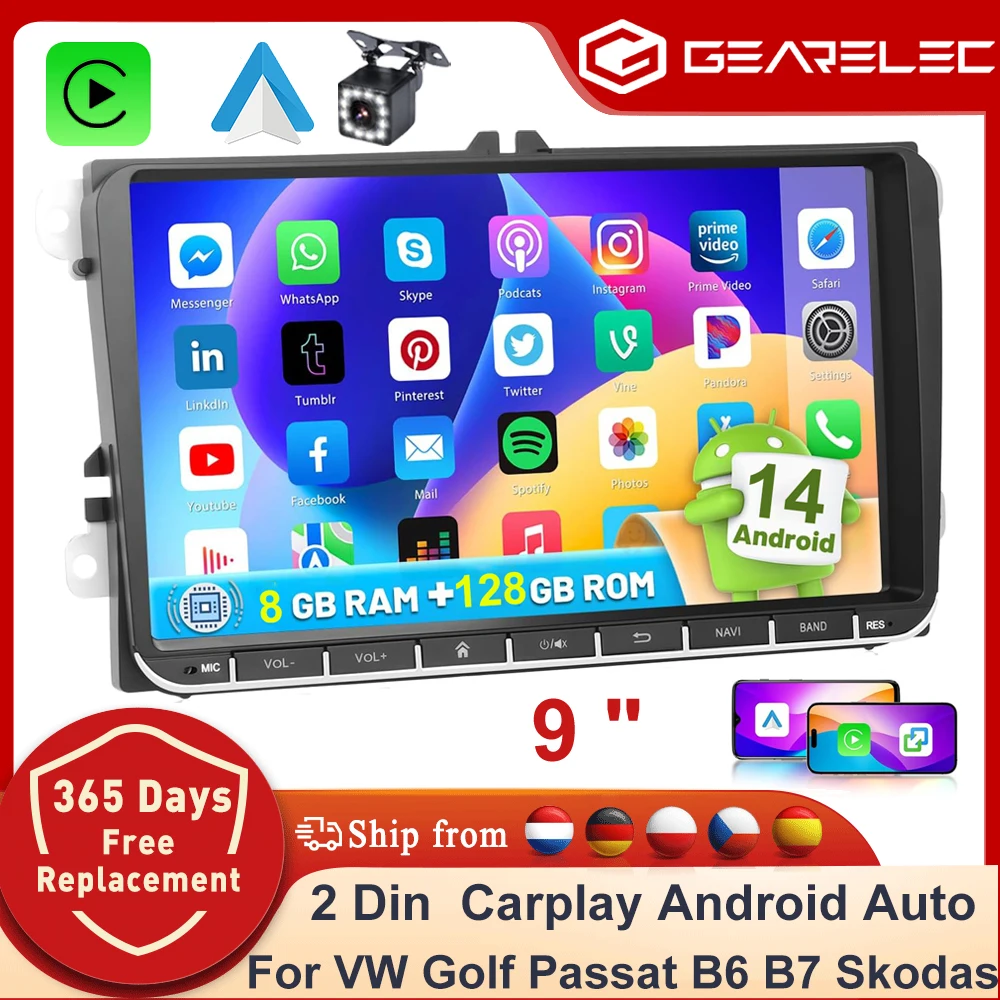 GEARELEC 9" Car Radio For VW Golf Passat B6 B7 Skoda Seat Octavia Polo Tiguan 2 Din wireless Android 13 CarPlay Android Auto RDS DSP BT 4G GPS Car Multimedia Player For Volkswagen