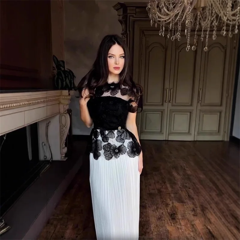 

Saudi Arabia Women Prom Dress Lace Beaded Crystals Sexy Short Sleeves Long A Line Party Gown Formal Guest Evening Birthday Robe
