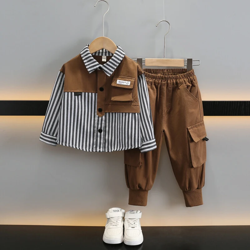 2pcs/Fashion Striped Clothing  Boy Summer Splice pockets +shorts Boy  Casual overalls set