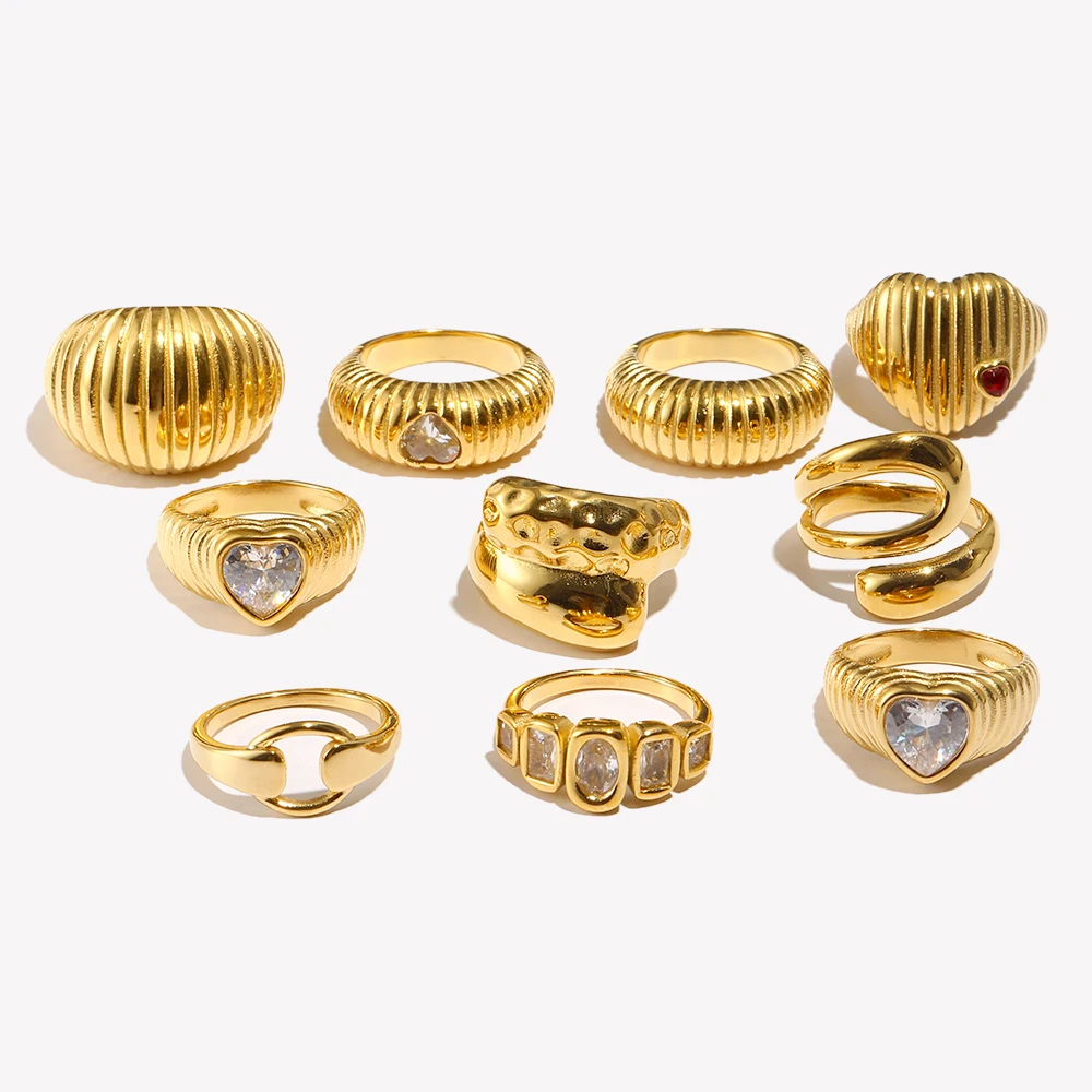 E.B.belle New Design Luxury Square Heart Zircon Wide Facted Lines Ring 18K Gold Plated Stainless Steel Fashion Women Jewelry