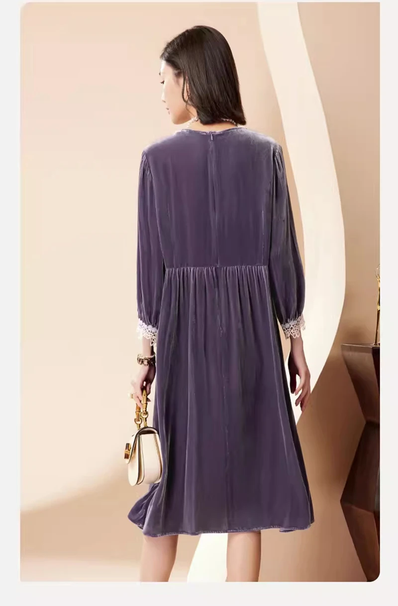 Silk Velvet Dress for Ladies Long Mid-length Dress Lace Trim and Seven-inch Sleeves, Featuring Luxury, Fashion Casual Style