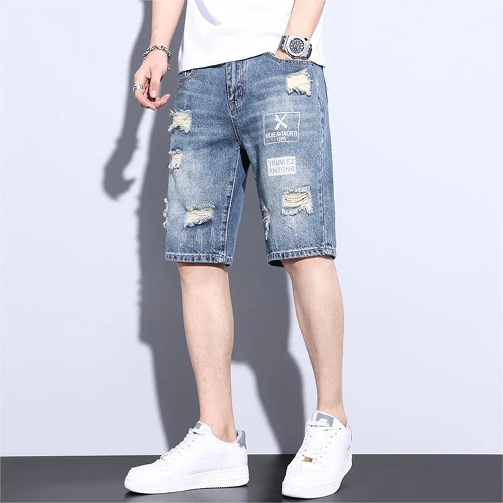 

2025 Summer Thin Fashion Straight Shorts Men's American Street Trend Casual Retro Washed Ripped Denim Shorts Men's Clothing
