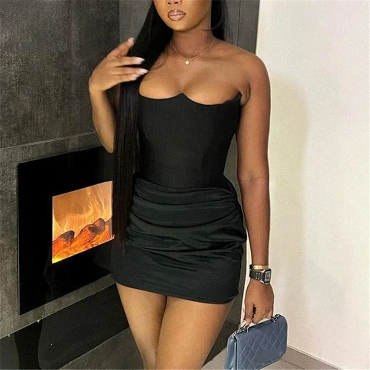 

Black Satin Patchwork Mini Dress Birthday Clubwear Women 2024 Sexy Strapless Backless Party Dresses