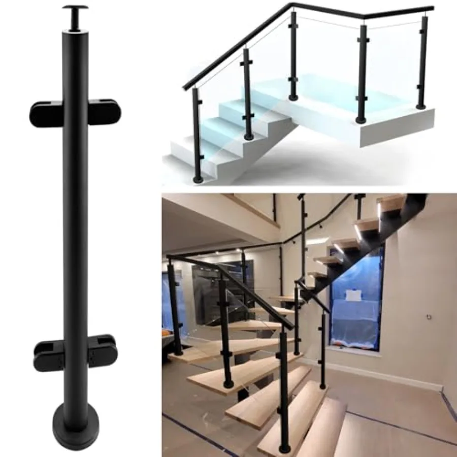 

43.5" Round Glass Railing with Top Handrail Brackets, 304 Stainless Steel Glass Balustrade Black Post System with 2 Clamps for