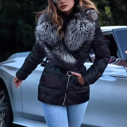 Chaquetas cortas prendas de vestir mantener caliente Parkas acolchadas de algodón mujeres brillante cuello de piel grande ropa acolchada de algodón Parkas