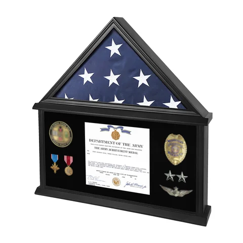 Large Wood Military Shadow Box, Burial Flag Display Case Holds Folded 5'x9.5' Memorial Flag, Solid Stable Frame, Wall Mount or Tabletop Display