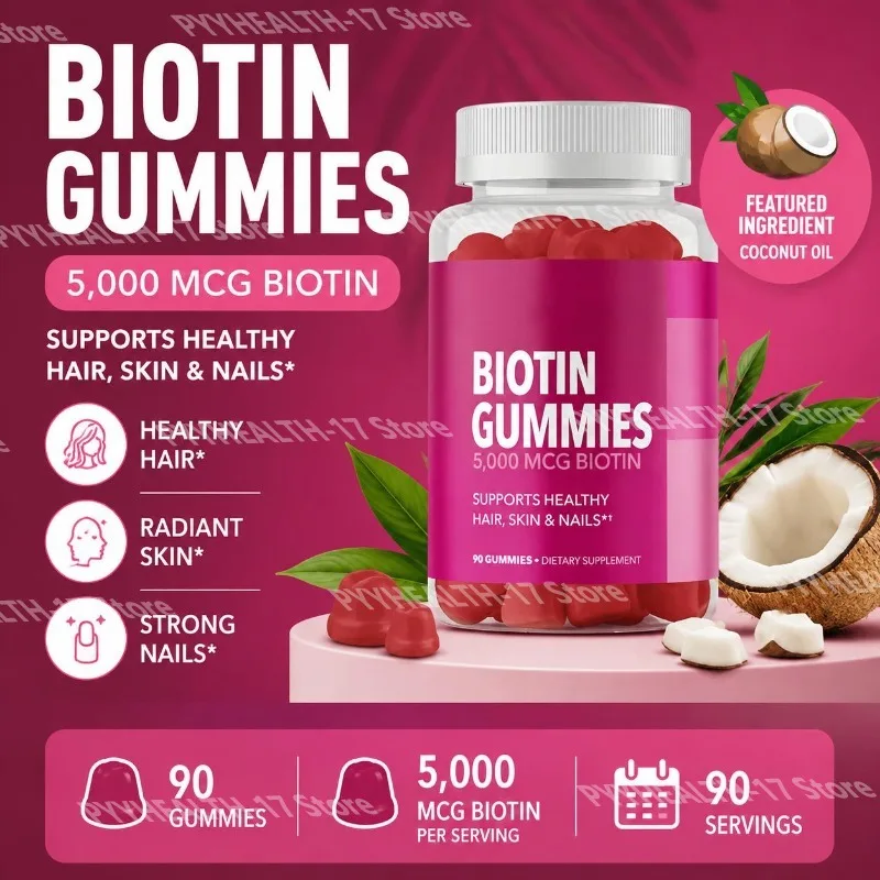 Biotin Gummies Supports Healthy Hair Skin & Nails with Coconut Oil Pectin Citric Acid Glucose Syrup Natural Flavor 90 Gummies