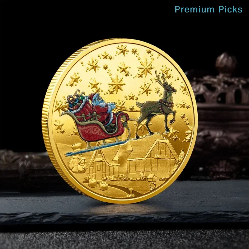 portable1PCS Merry Christmas Plated Gold Coin Santa Claus Colorful Star Snow Collectible Coins Christmas Souvenirs