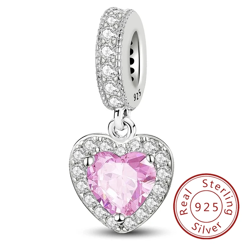 

925 Sterling Silver Romantic Zircon Red Love Heart Charms Beads Fit Original Pan Bracelet Bangles DIY Fine Jewelry For Women