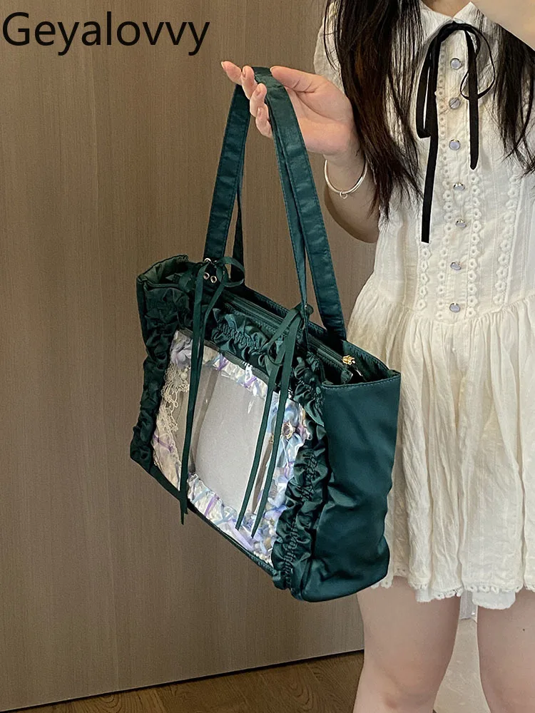 

2025 New Original Lolita Tote Bag with Wrinkled Ribbon Casual Handbags Large Capacity Shoulder Bags for Women Japanese Style