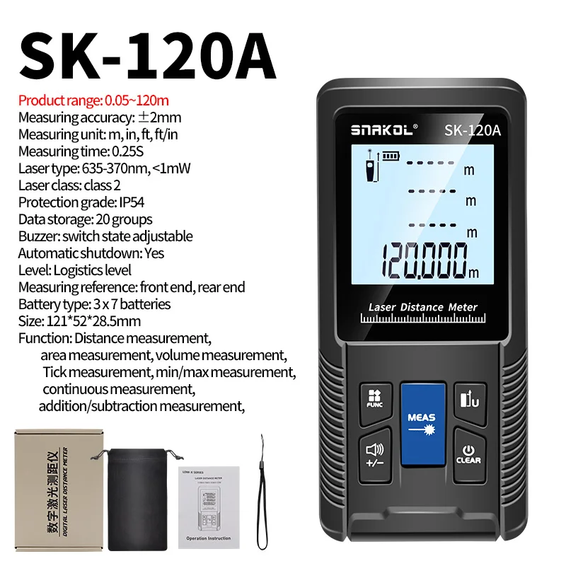 Imagem -06 - Snakol Laser Distance Meter Digital Range Finder Trena Régua de Roleta Fita Métrica 40m 50m 70m 100m 120m