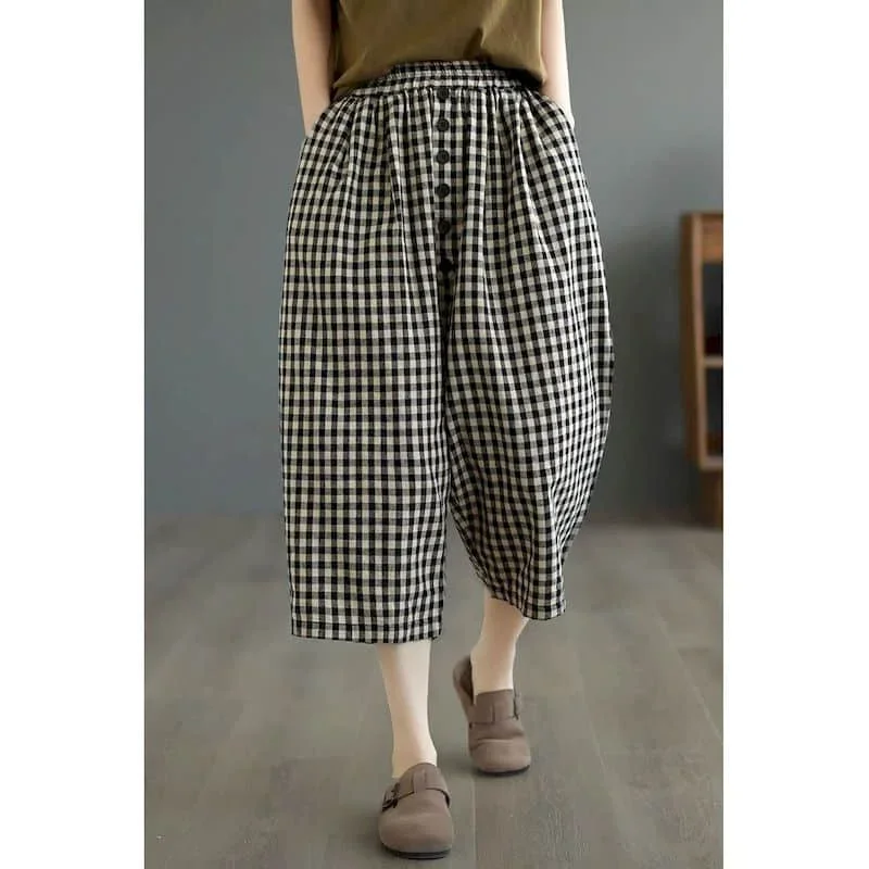 Повседневные женские брюки, винтажные хлопковые и льняные брюки-карго в корейском стиле с эластичной резинкой на талии, свободные повседневные клетчатые брюки-фонарики