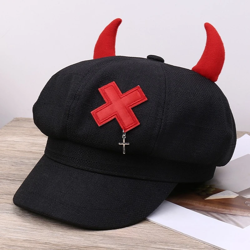 

Fashionable and trendy little devil cute bow cat ear octagonal hat women spring and summer versatile metal chain baseball hat