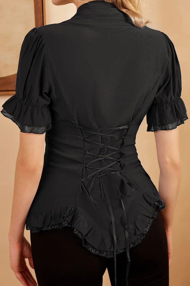 Summer Shirts Black Women Slim Pleat Tops Gothic Renaissance Short Puff Sleeve V-Neck Lace-up Ruffle Retro Blouse Lady Female