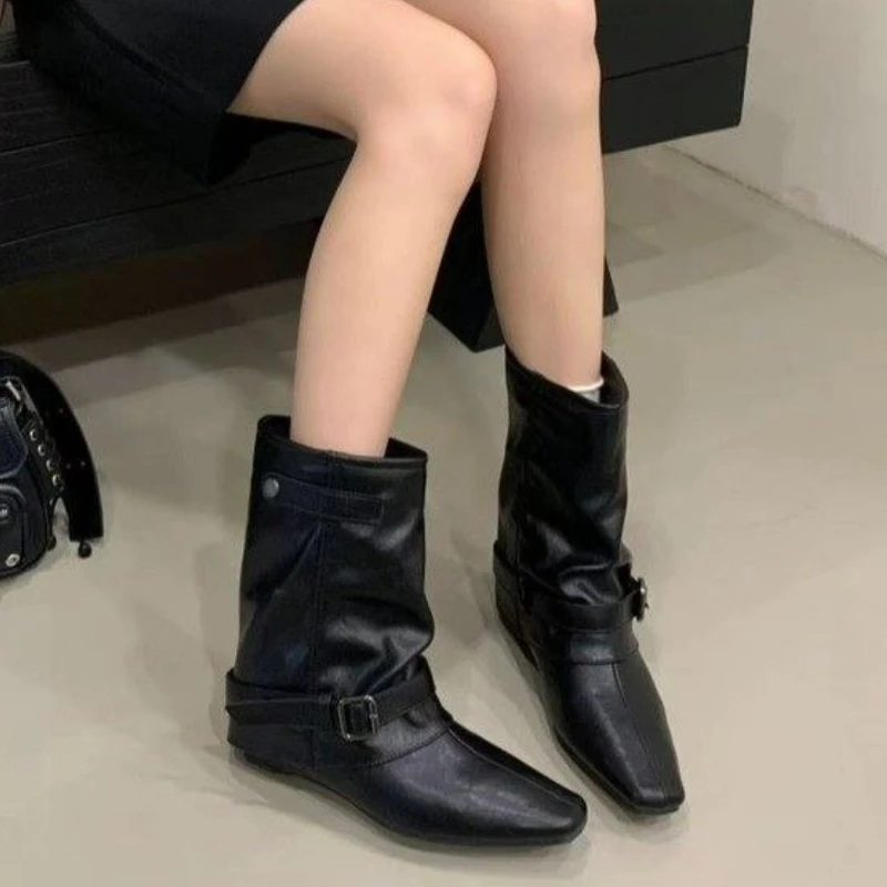 

Женские модные и популярные ботинки, новинка 2025 года, сложенные рыцарские сапоги с круглой головкой и толстым каблуком, женские сапоги выше колена