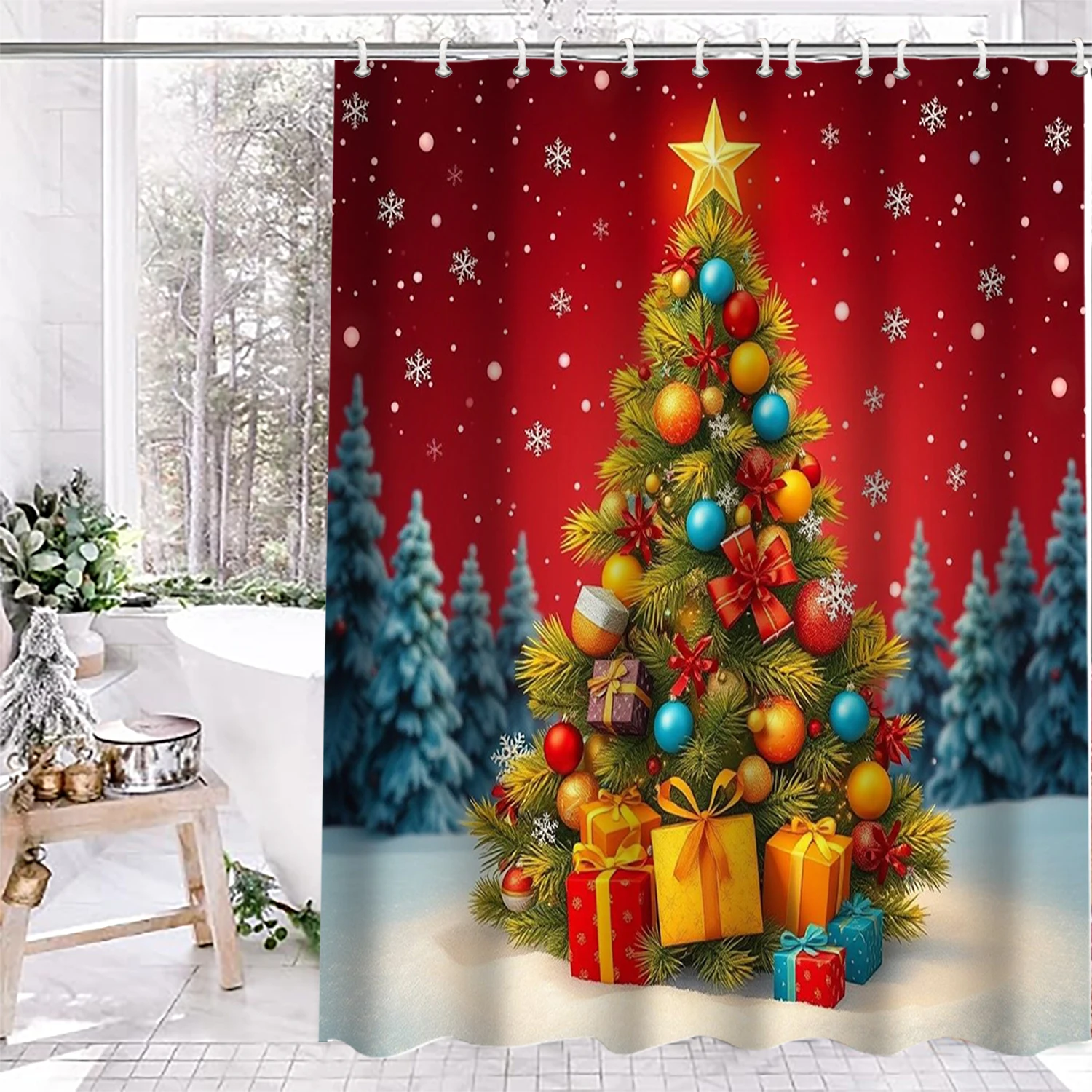 

Christmas Tree shower curtain, bathroom shower waterproof curtain with 12 hooks, fish shaped home decoration, free delivery