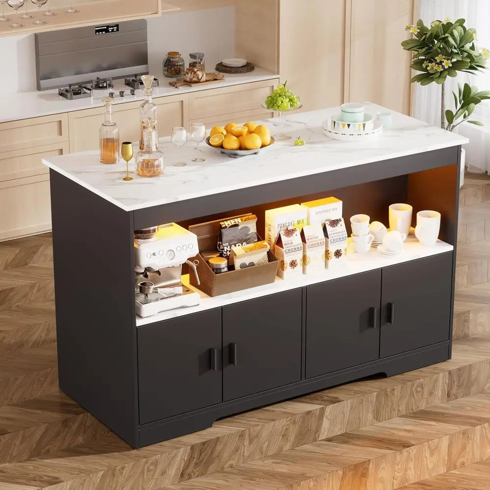 

43 Kitchen Island with LED Lights, Storage and Imitation Marble Top for Dining and Home Bar Use