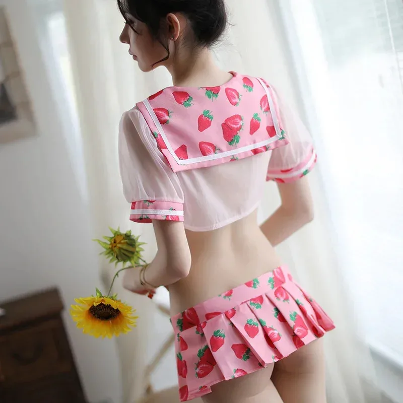 Erotic Lingerie Sexy Perspective Outfit Student Uniform Temptation Strawberry Print Sailor Skirt Suit