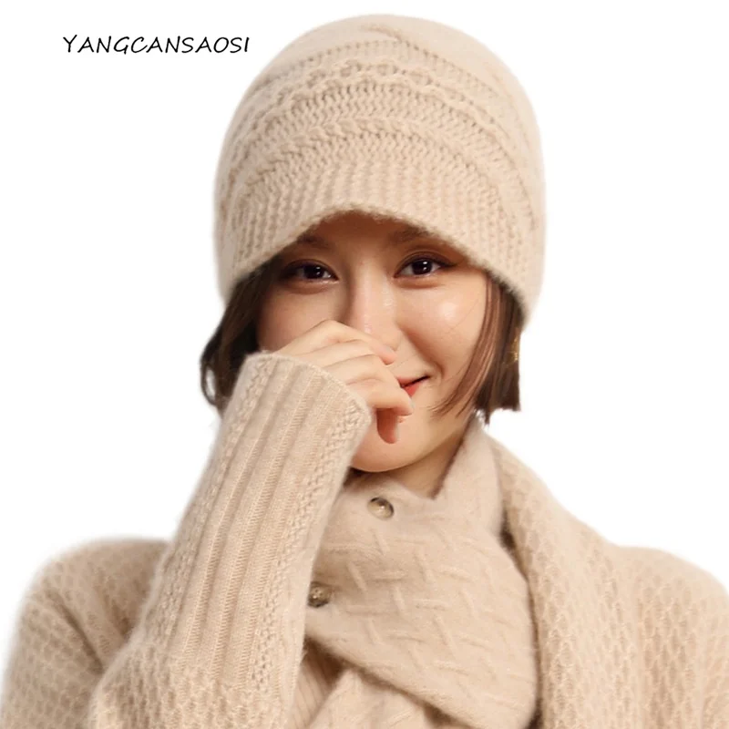 

Autumn/Winter Warmth Retention 100% Soft Cashmere Women's High-end Solid Knitting Outdoor Fashion Fried Dough Twists Ear Cap