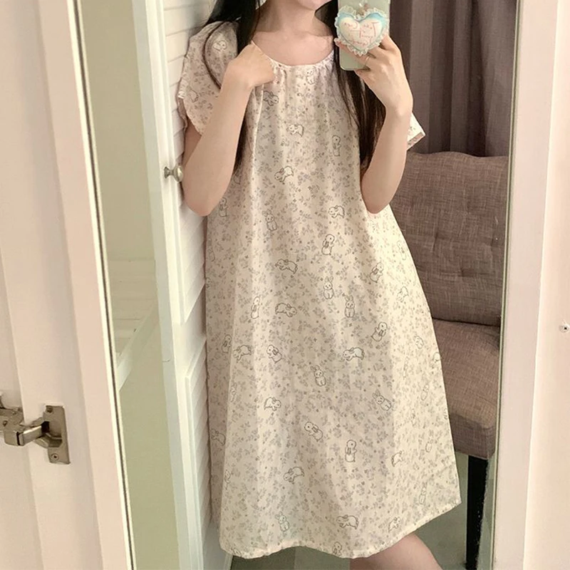 Rubbit Sleepwear Woman Short Sleeves Summer Nightgown Korean Nightwear Night Dress One Piece Pajamas Sleeping Home Wear 2024 New