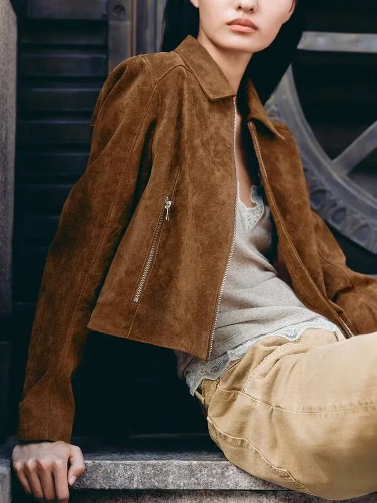 Faionable ort Leather Jaet Coat for Women Turn-down Collar Zipper New Arrival Autumn 2025 Ethnic Stage Costume