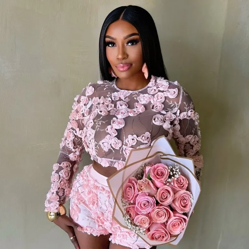

GUWU 3D Flower Sweet Women's Set Mesh See Through Long Sleeve Top and Shorts Suits 2025 Party Girl Two 2 Piece Sets Outfits