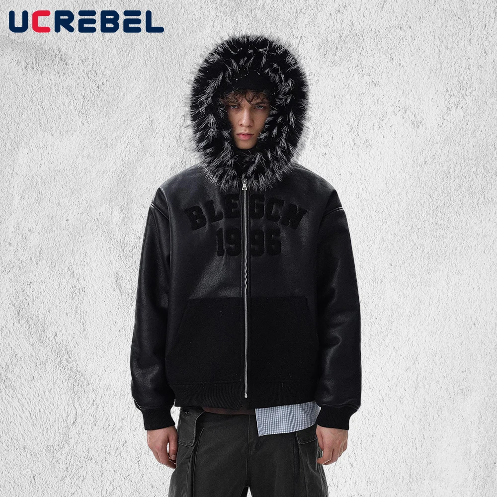 

Стеганая куртка из искусственной кожи с капюшоном и вышивкой букв, мужская лоскутная стеганая куртка с карманами в стиле ретро, свободная мужская стеганая куртка с длинными рукавами