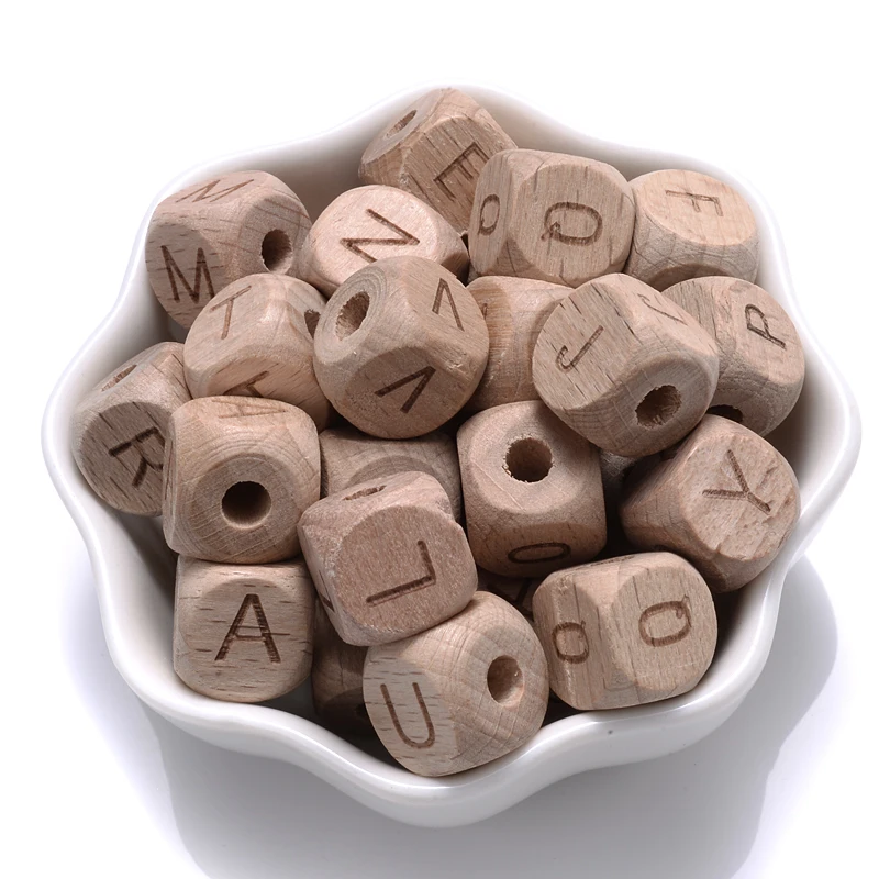 50Pcs 12mm Square Wooden Alphabet Beads English A-Z Personalized Name Letter Beads for Baby Nursing Pacifier Chain Accessoies