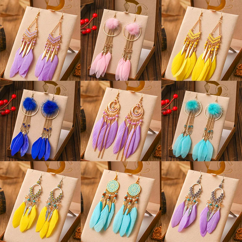 

Fashion Bohemian Colorful Feather Earrings for Women Elegant Long Vacation Style Temperament Earrings Party Daily Jewelry