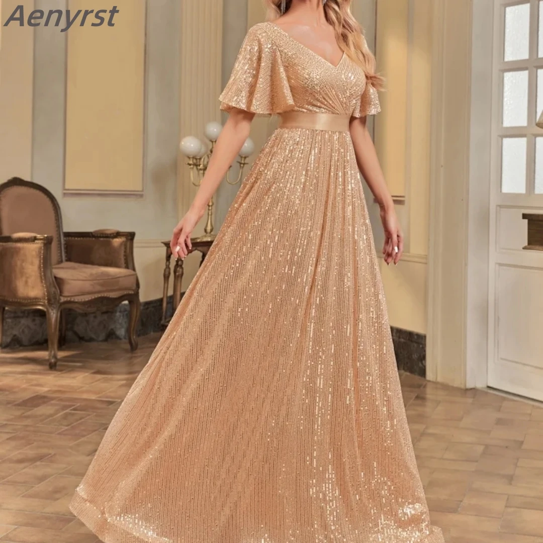 Elegant V Neck Prom Gown Short Sleeves Gold Evening Dresses Women Sequins Ruched Wedding Party A-line Cocktail فساتين السهرة