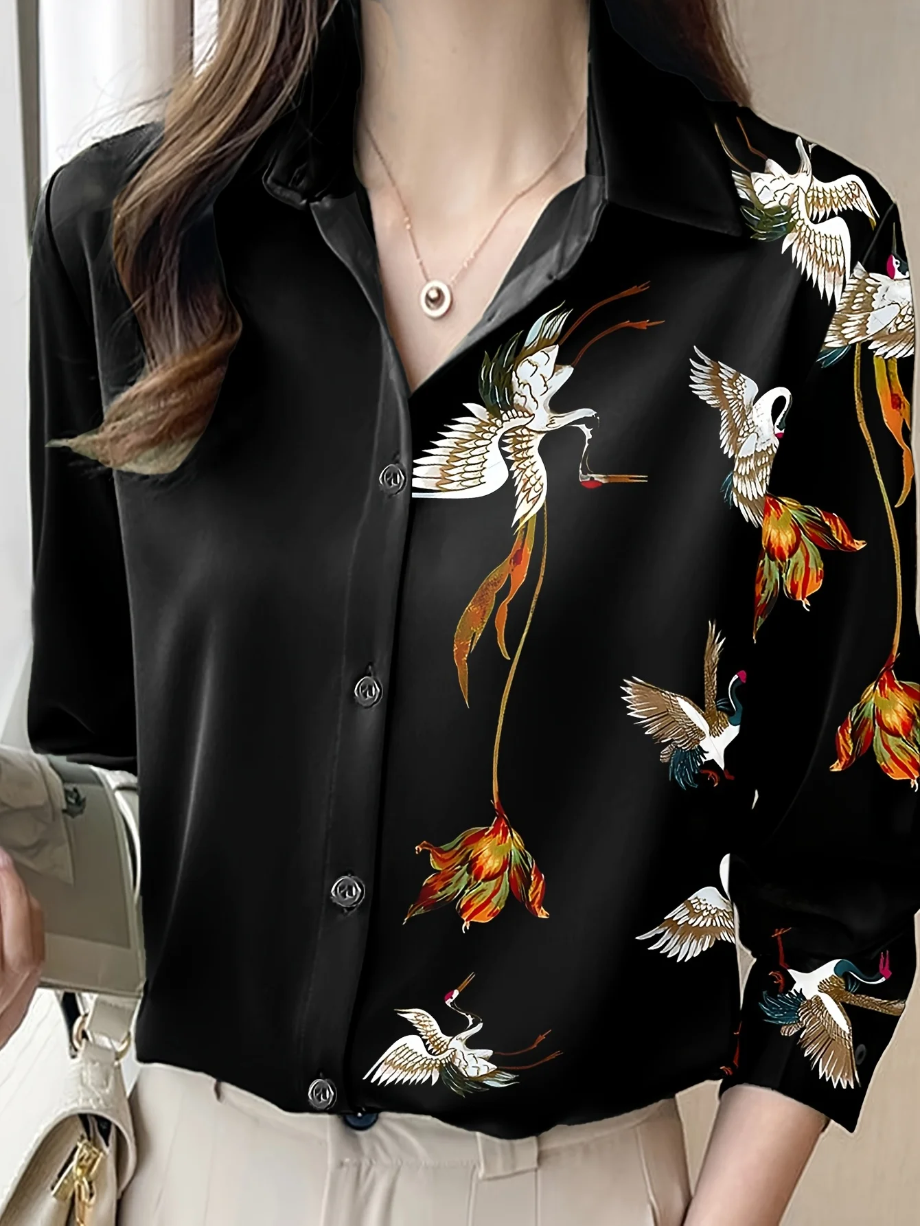 Women's Shirt 3D Crane Pattern All Over Print Long Sleeve Shirt Hawaii Vacation Casual Shirt Women's Large Size Lapel Shirt