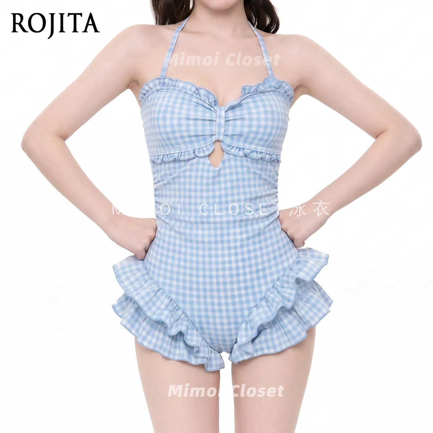 2026 Summer New Blue Plaid Suspender Cute High-end Hot Spring One-piece Swimsuit Women's Bathing Suit Women