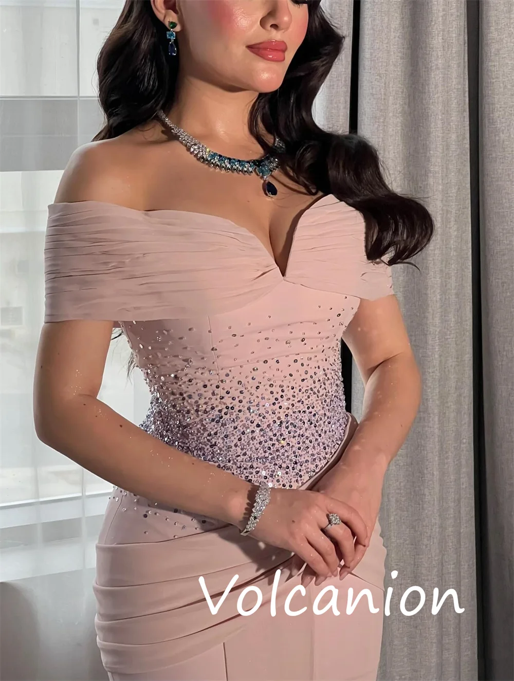 Customized Intricate Matching Jersey Sequined Pleat A-line Off-the-shoulder Long Dresses Bespoke Occasion Sexy