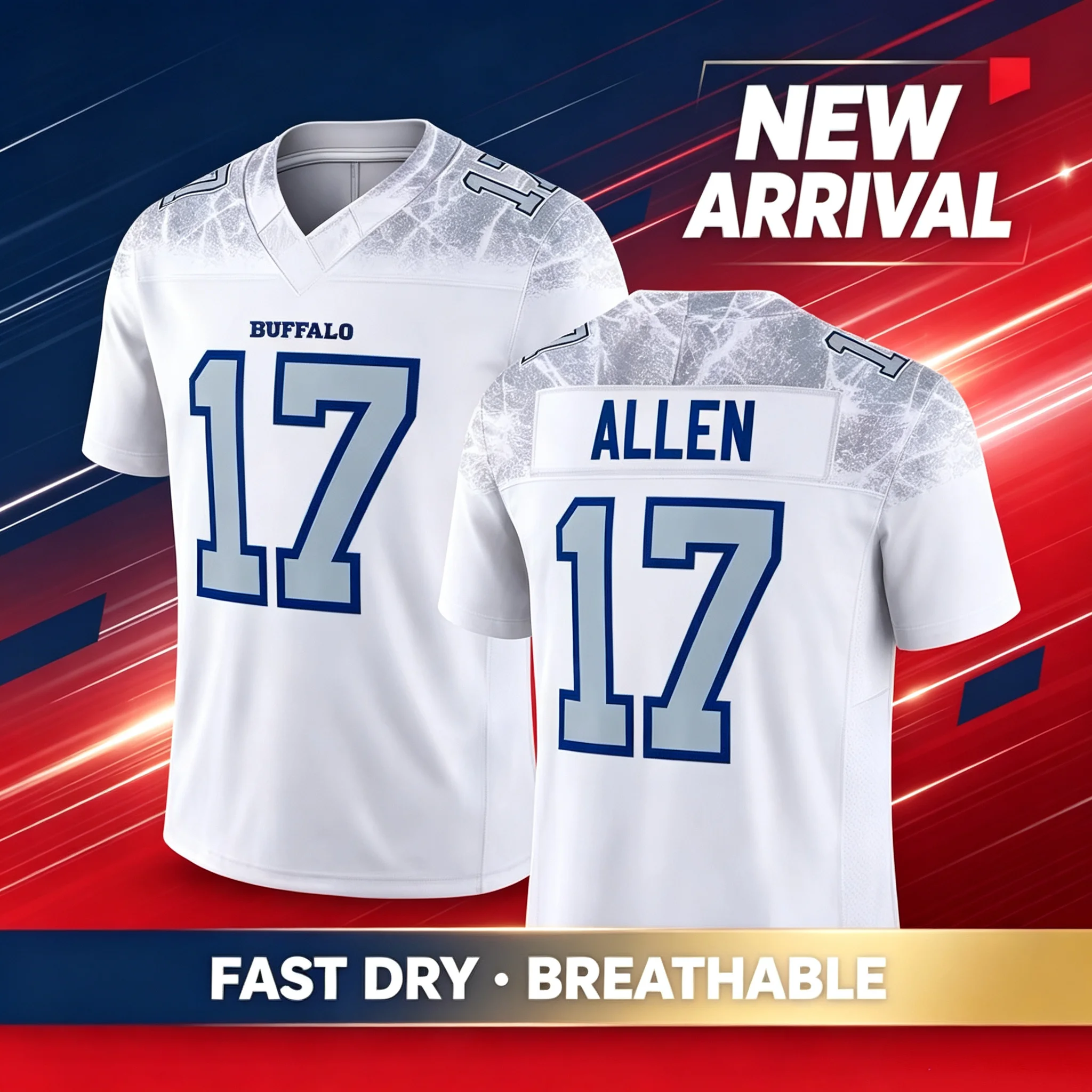 2026 Neues Herren-Trikot Nr. 17 Josh Allen Buffalo Bills, Weiß, V-Ausschnitt, Atmungsaktiv, Kurzarm, Sporttrikot für Fans, Familien-Set