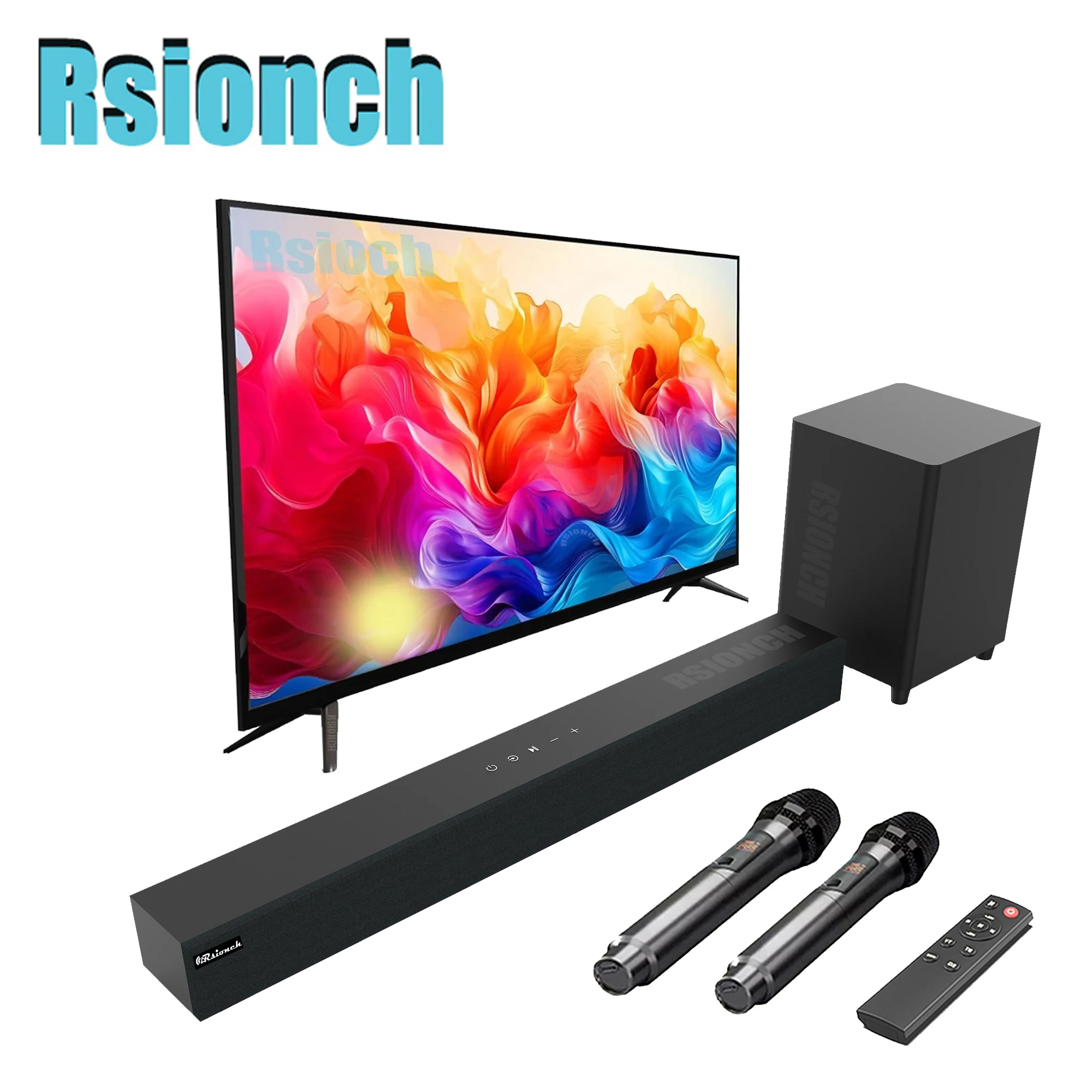 Rsionch Wooden Subwoofer Soundbar with Microphone Karaoke Bluetooth Speaker Home Theater TV Sound Bar Bass Speaker Sub-woofer