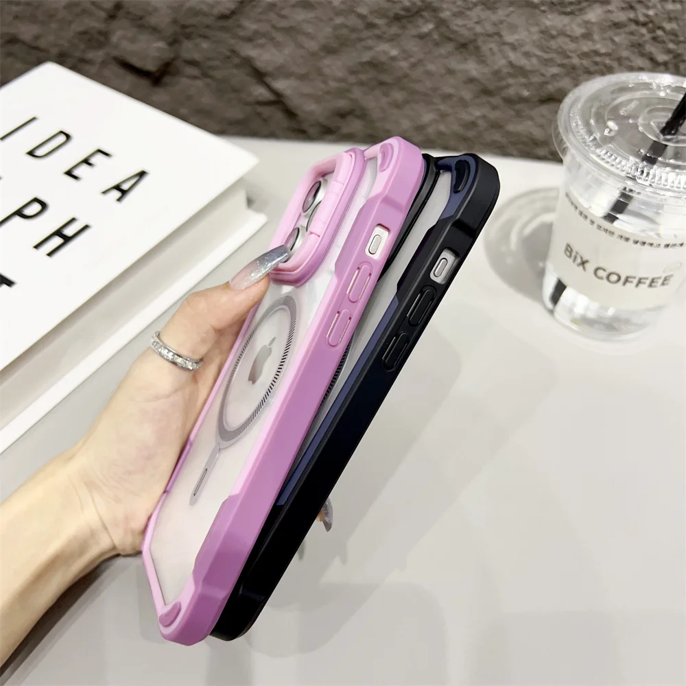 Military Armour Transparent Magnetic For Magsafe Phone Case for iPhone 13 14 15 16 Pro Max Lens Holder Splicing Color Back Cover