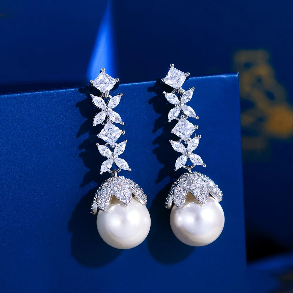 ThreeGraces New Fashion Shiny Zircon Simulated Pearl Long Leaf Flower Drop Earrings for Women Bridal Wedding Party Jewelry E1910