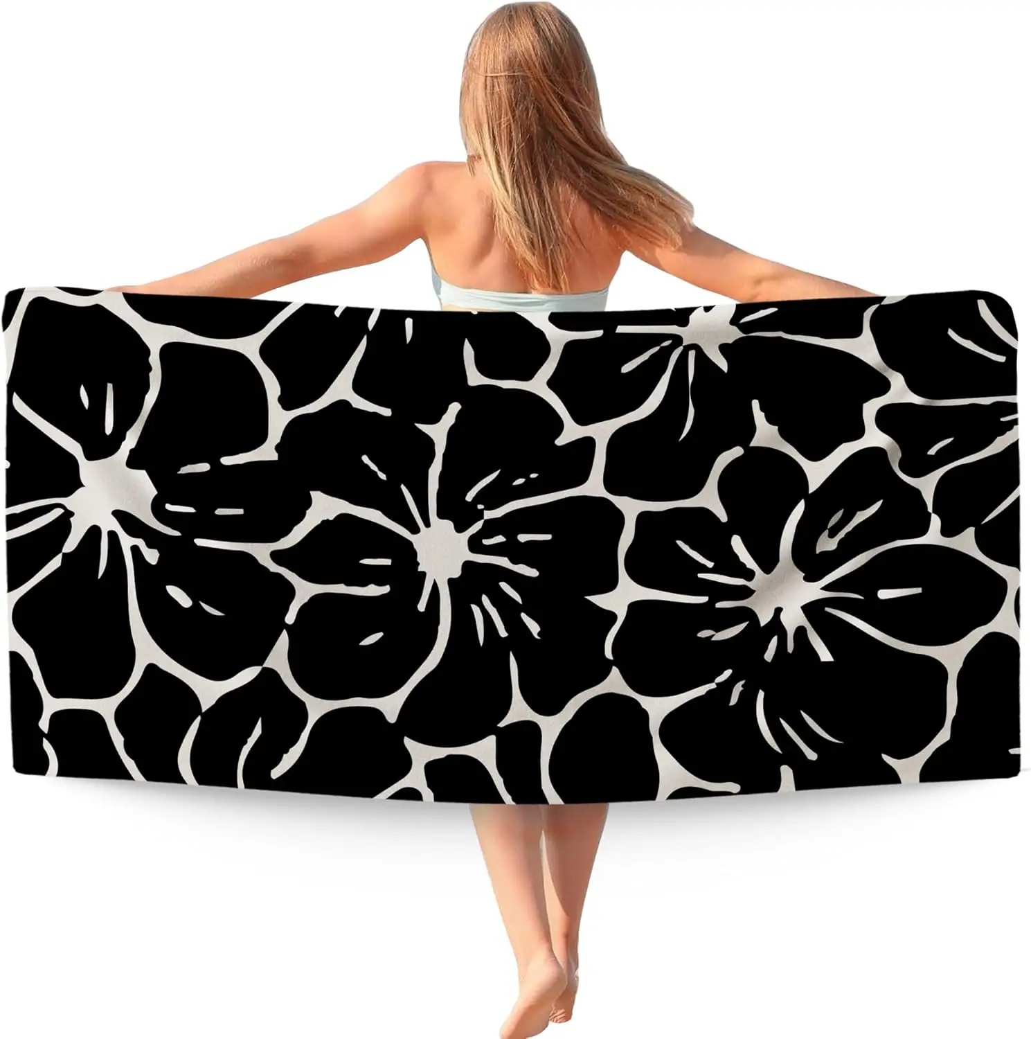 Boho Floral Beach Towel,Boho Neutral Floral Beach Towels Oversized Gifts for Women Girls,Abstract Black Flowers Quick Dry Travel