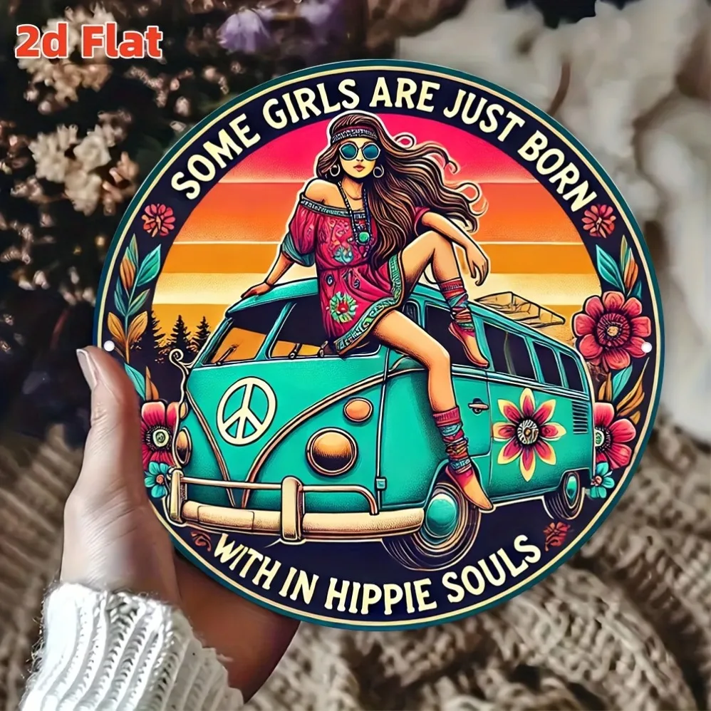

2D Flat"Psychedelic Girl Vintage Van Peace Sign"Retro Shops,Youth Hostels,Gift for Hippie Enthusiasts/Music Festival Souvenir