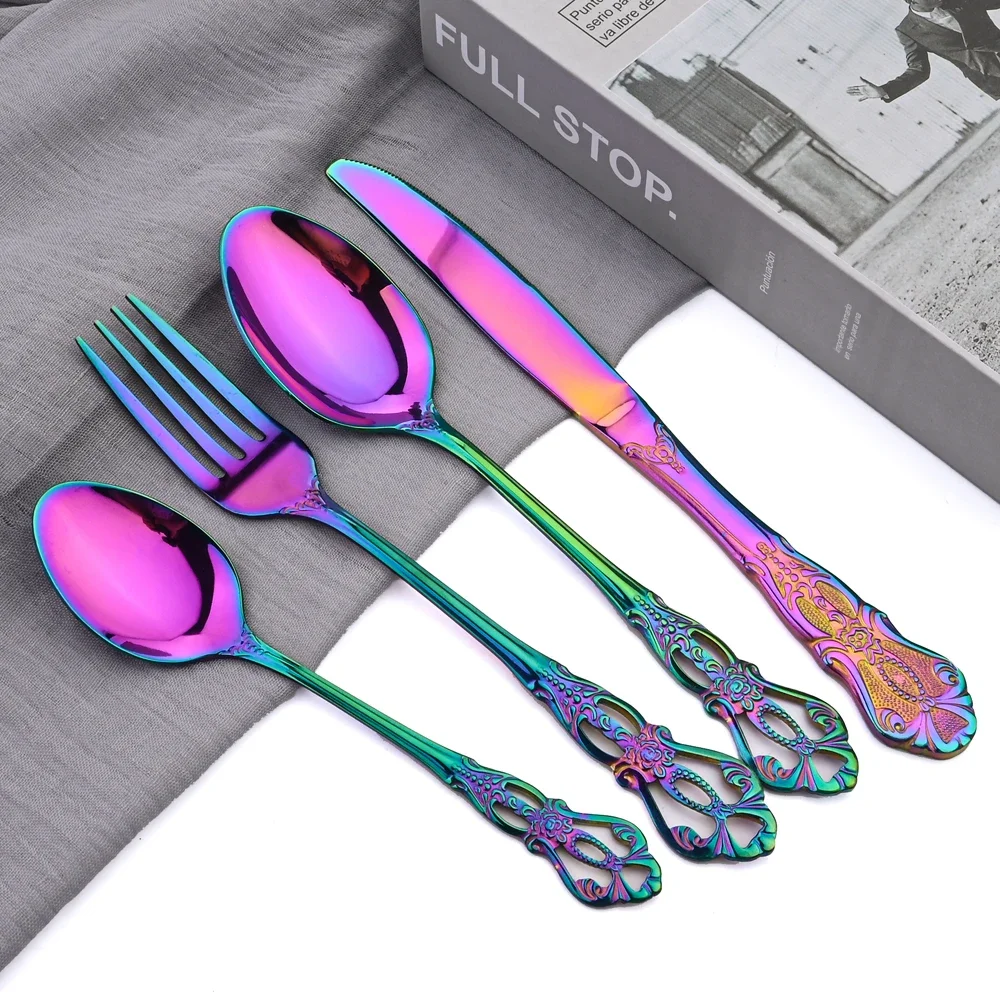 16Pcs Cutlery Set Gold Dinnerware Set Stainless Steel Tableware Vintage Knife Fork Dessert Spoon Silverware Kitchen Flatware