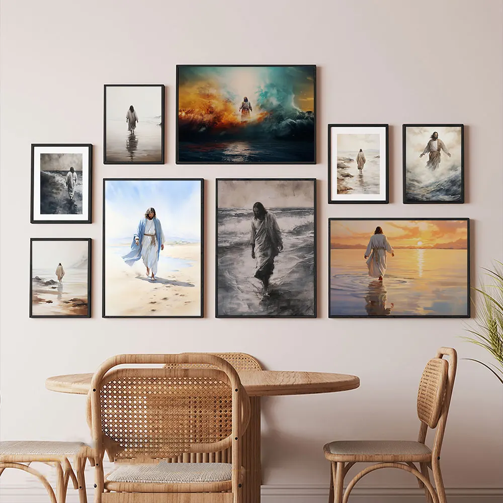 1 pièce, affiche d'art chrétien sans cadre « Jésus marche sur l'eau », impressions sur toile aquarelle biblique, décoration murale pour salon, Cuadros