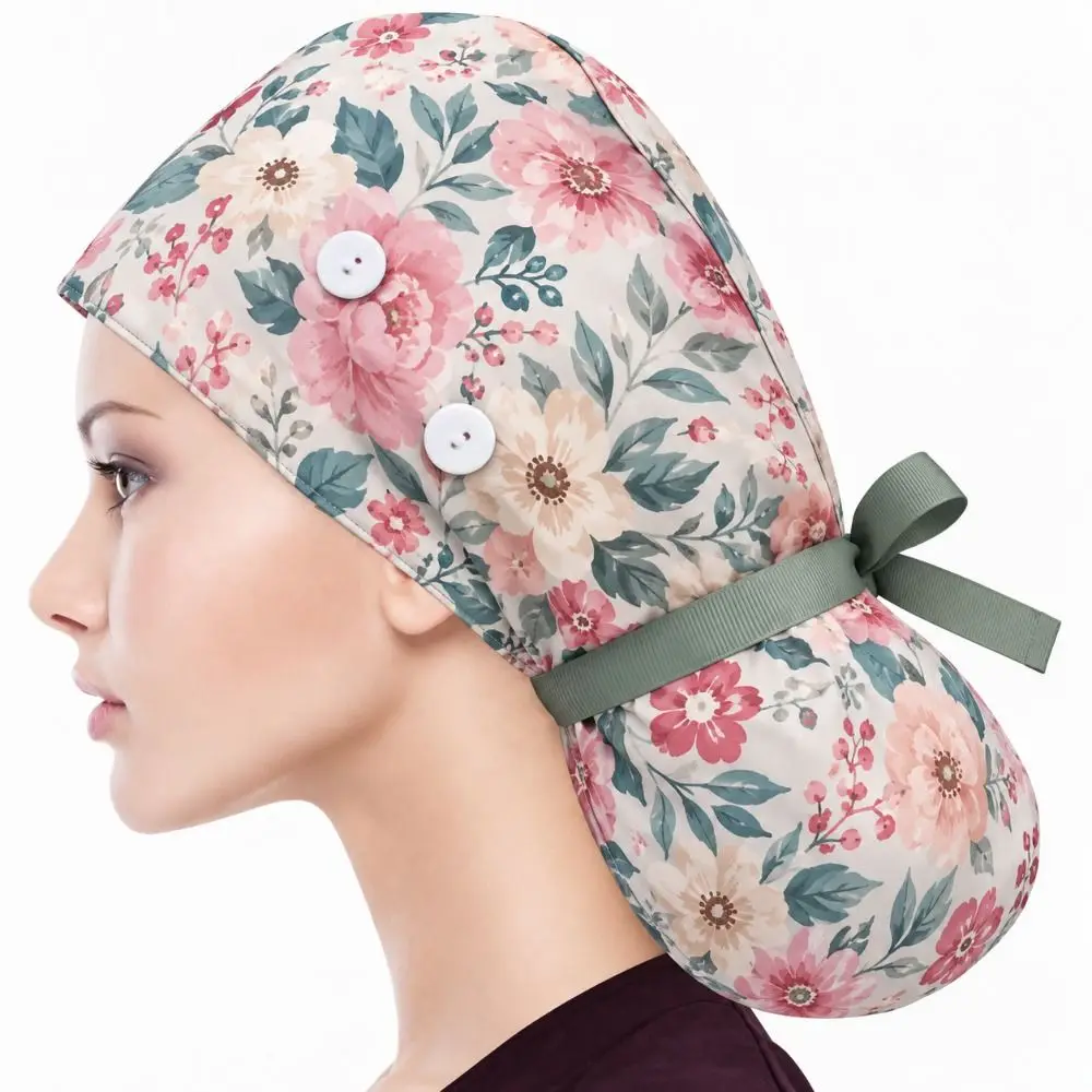 Practical Ponytail Pouch Satin Scrub Caps Adjustable Tie Button Closure Working Cap Frizz Reducing Nurse Scrub Caps Unisex