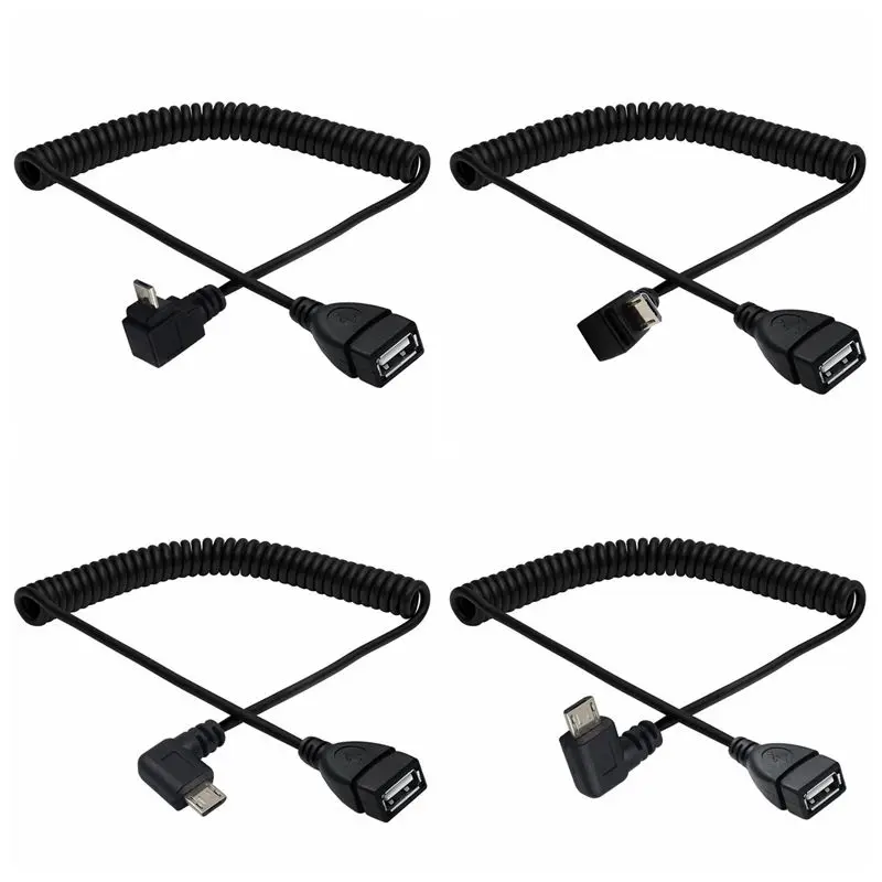 Spring Coiled USB 2.0 A Female to Up & Down & Left & Right Angled 90 Degree MICRO USB B 5Pin Male Spiral OTG cable adapter cord