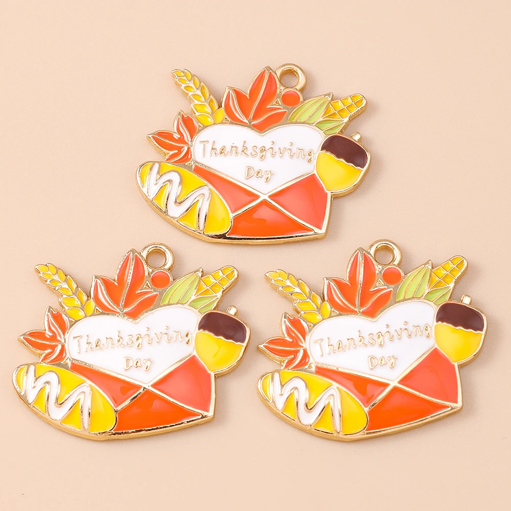 Leslie 10 Stück süße Thanksgiving Day-Anhänger, Emaille, Mais, Weizen, Vogelscheuche, Ahorn, Türkei, Charms für Halskette, Ohrringe – Detail 7